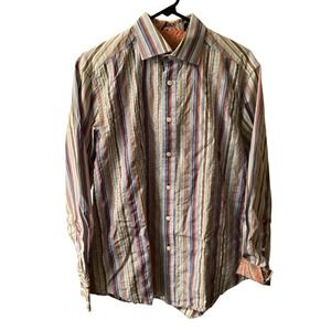 Robert Graham Mens Multi Color Striped Embroidered Button Down Long Sleeve MED